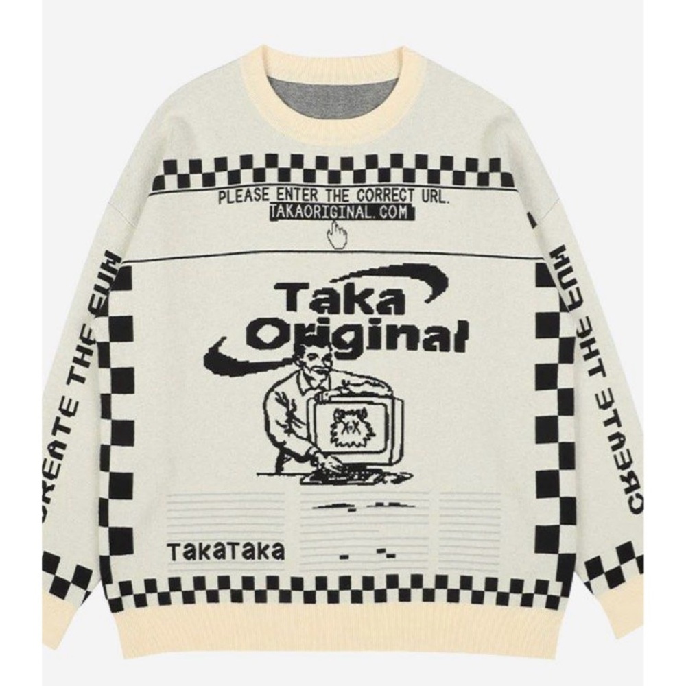 Taka Cream and Black Graphic Crewneck Sweater
